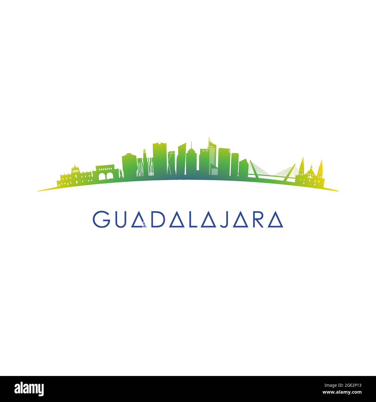 Guadalajara, profilo dello skyline del Messico. Città di disegno vettoriale su sfondo bianco. Illustrazione Vettoriale