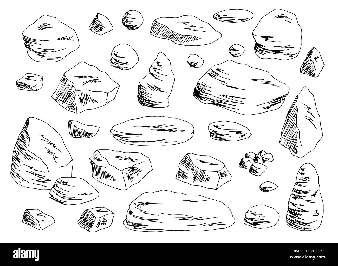 Pietra insieme rocce piccole isolato grafico bianco nero illustrazione vettore schizzo Illustrazione Vettoriale