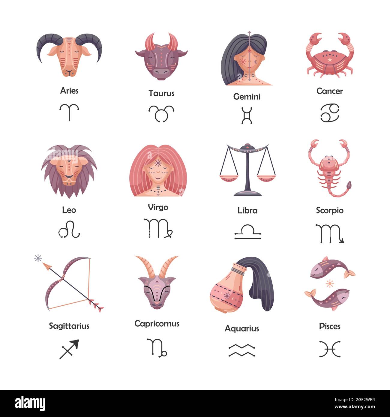 Insieme astrologico vettoriale piatto con segni zodiacali Illustrazione Vettoriale