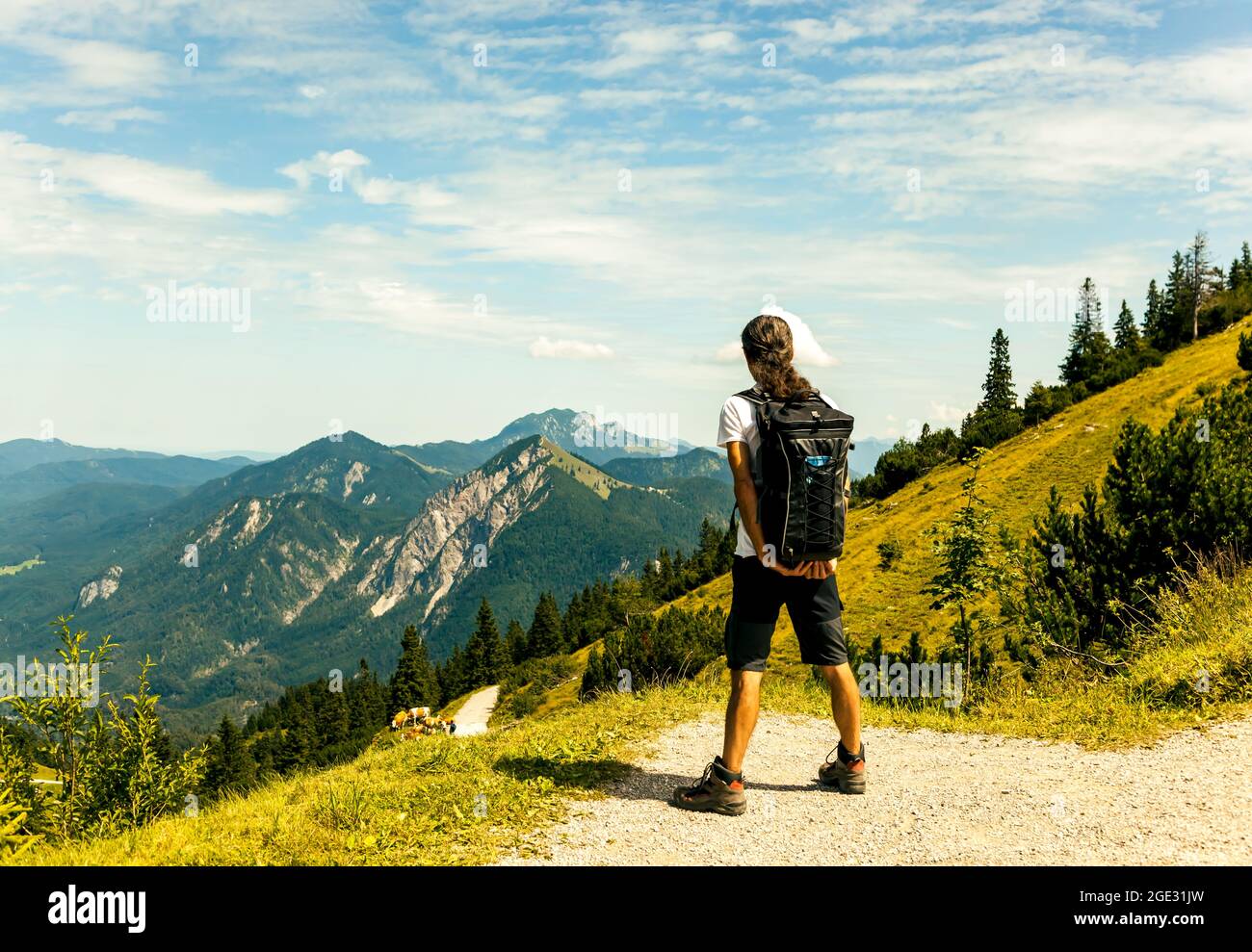 Persona in montagna. Zaino in spalla maschile guardando le spettacolari  montagne bavaresi. Uomo escursioni in montagna. Escursionista con zaino in  collina Foto stock - Alamy