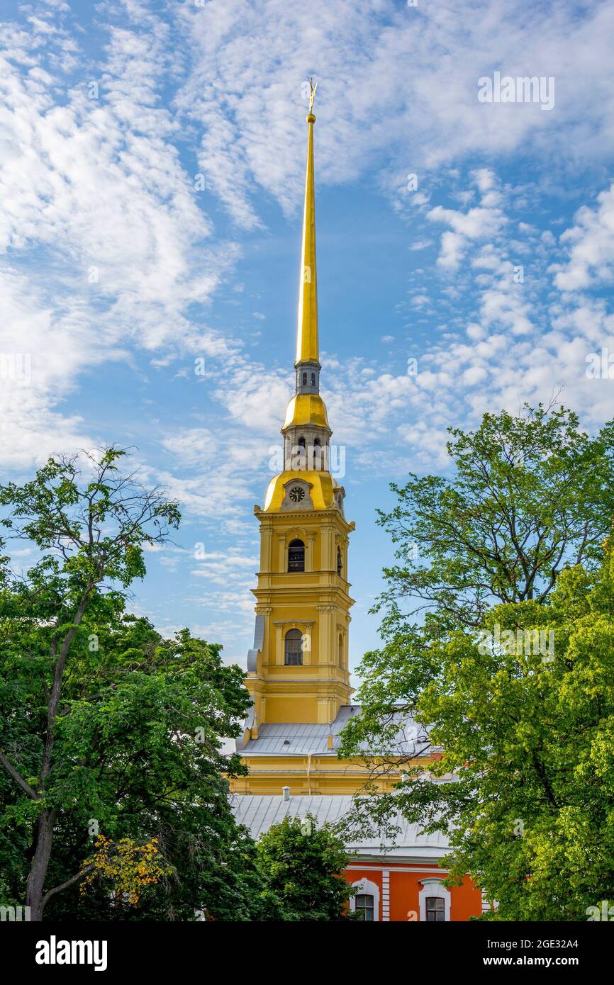 San Pietroburgo, vista del campanile della Cattedrale di Pietro e Paolo dalla freccia dell'isola di Zayachy Foto Stock