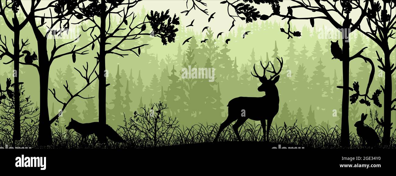 Banner orizzontale. Silhouette di cervo, volpe, coniglio in piedi sul prato in posizione di riposo. Silhouette di animali, alberi, erba. Magico paesaggio nebboso, nebbia. Illustrazione Vettoriale