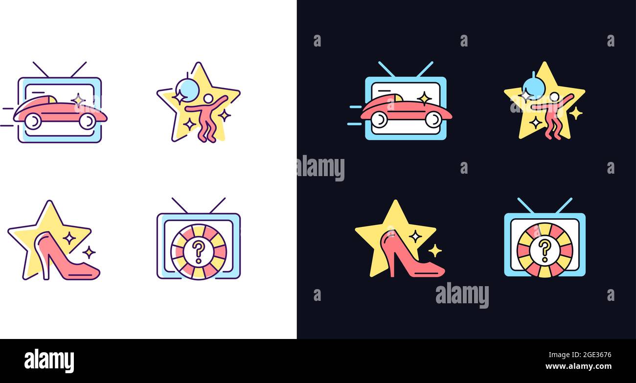 Generi TV tema chiaro e scuro set di icone di colore RGB Illustrazione Vettoriale