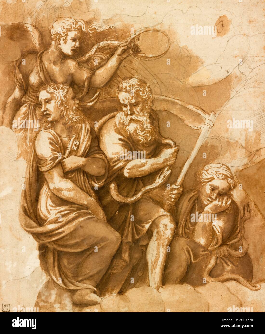 Giulio Romano (Giulio Pippi), Vittoria, Giano, Chronos e Gaea, disegno, 1532-1534 Foto Stock
