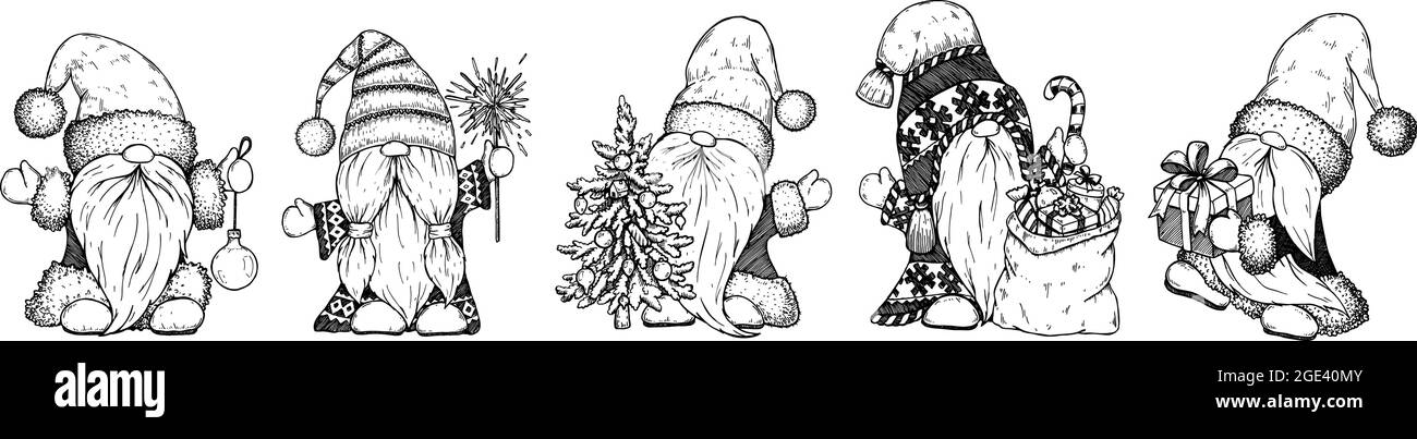 Set di simpatici gnomi natalizi disegnati a mano. Illustrazione vettoriale nello stile di schizzo Illustrazione Vettoriale