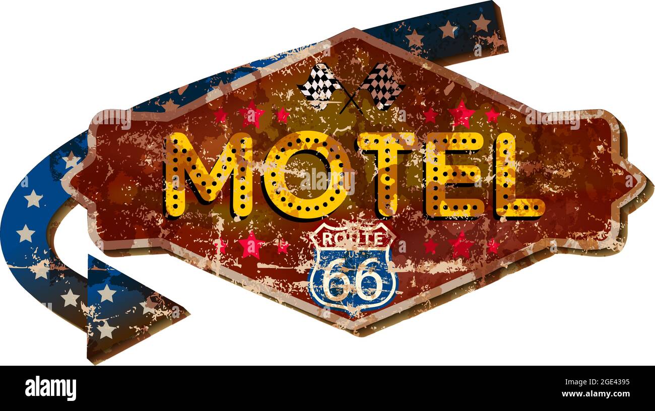 Retro super grunge Route 66 Motel segno, retrò afflitto e meteo vettore illustrazione, opere d'arte immaginaria Illustrazione Vettoriale