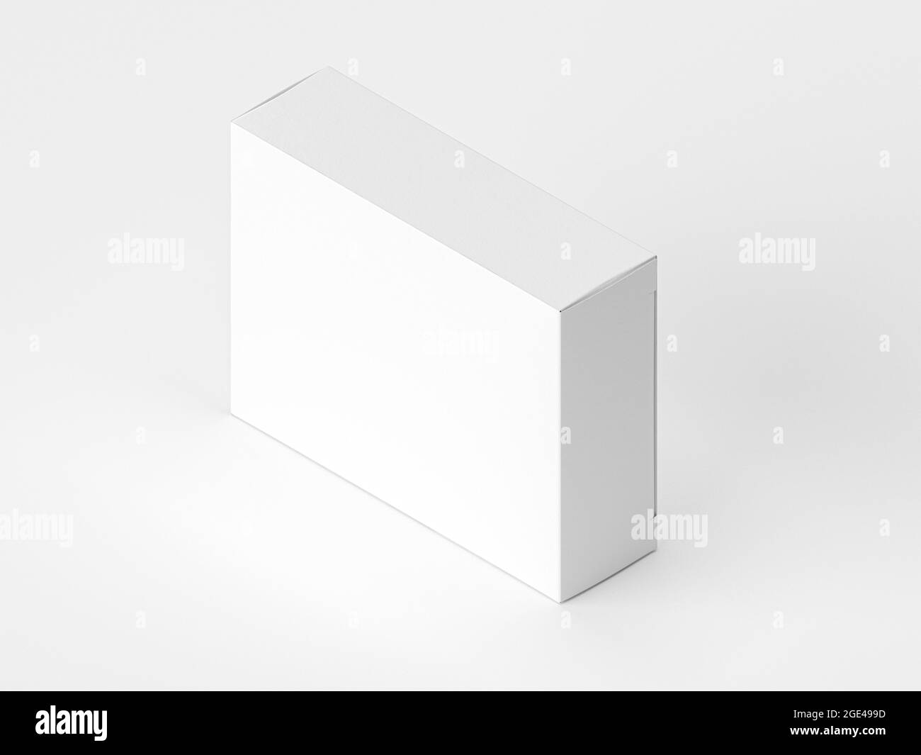 Casella bianca vuota per farmaci o altri prodotti, isolata su sfondo bianco. Illustrazione 3d realistica isometrica Foto Stock