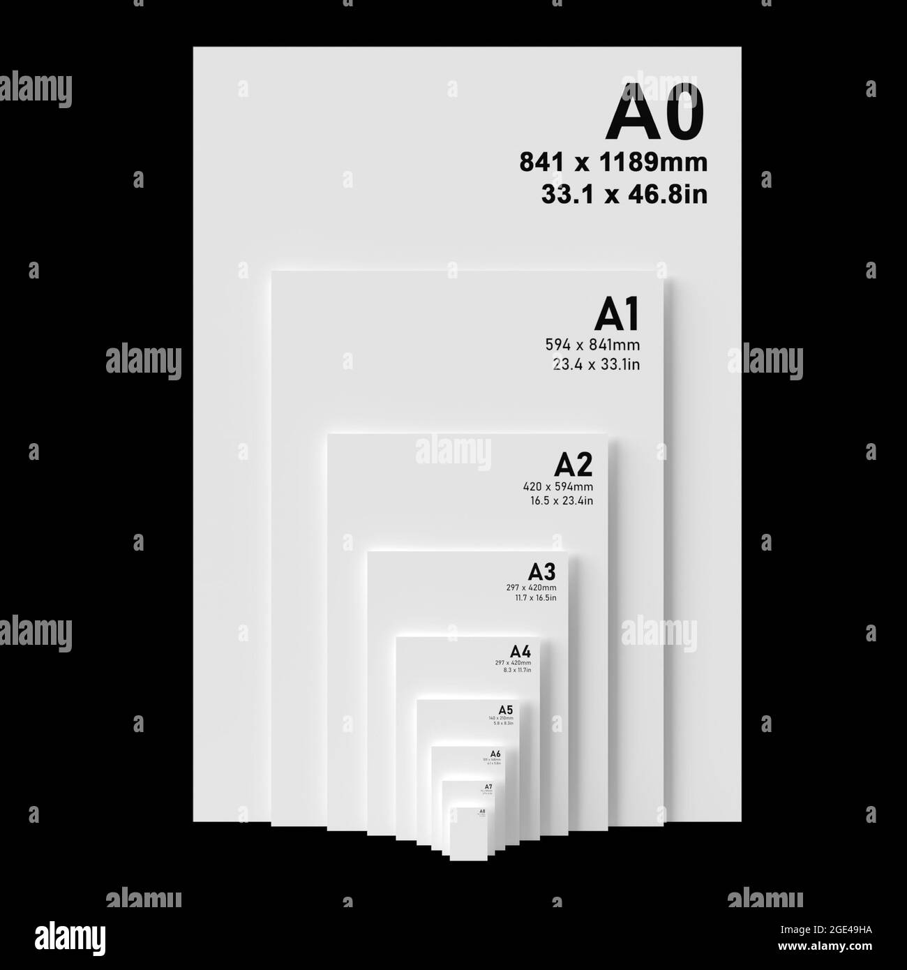Formati carta della serie a internazionale da A0 a A8, con testo nero stampato su carta bianca testurizzata e isolato su sfondo nero. Immagine 3D Foto Stock