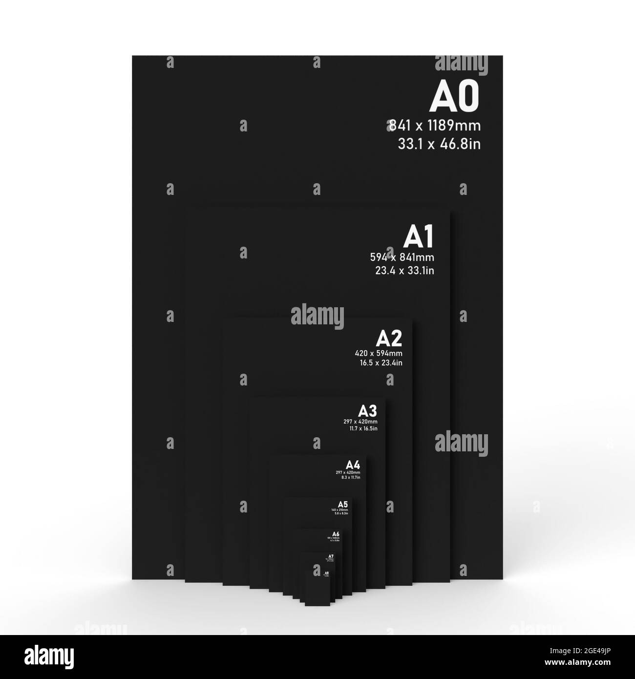 Formati carta della serie a internazionale da A0 a A8, con testo bianco stampato su carta nera con trama e isolato su sfondo bianco. Immagine 3D Foto Stock
