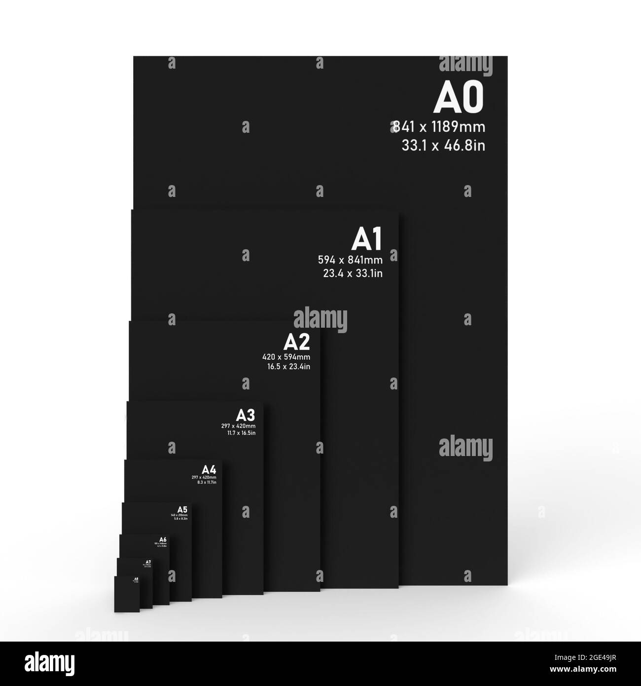 Formati carta della serie a internazionale da A0 a A8, con testo bianco stampato su carta nera con trama e isolato su sfondo bianco. Immagine 3D Foto Stock