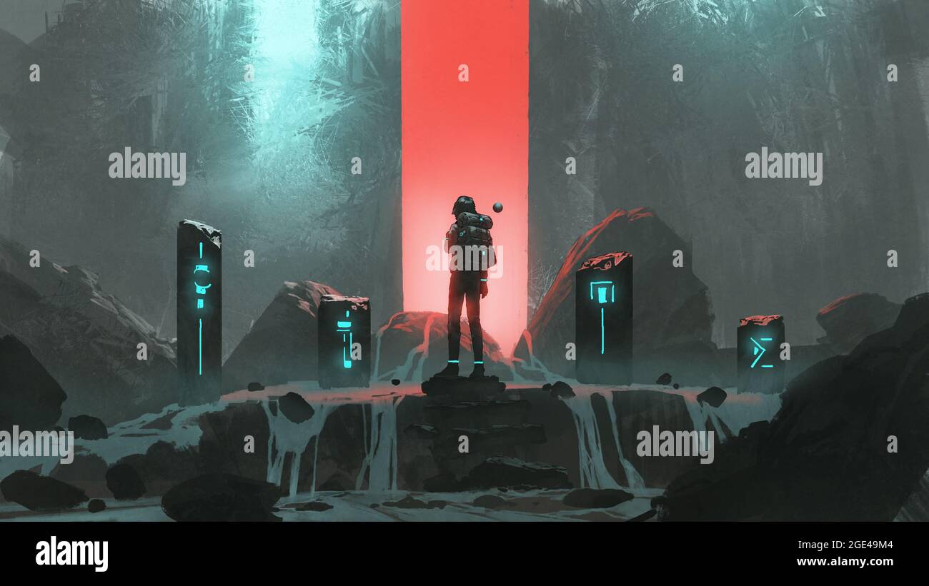 uomo in piedi alle pietre sacre e guardando la luce rossa di fronte a lui, stile arte digitale, pittura illustrazione Foto Stock