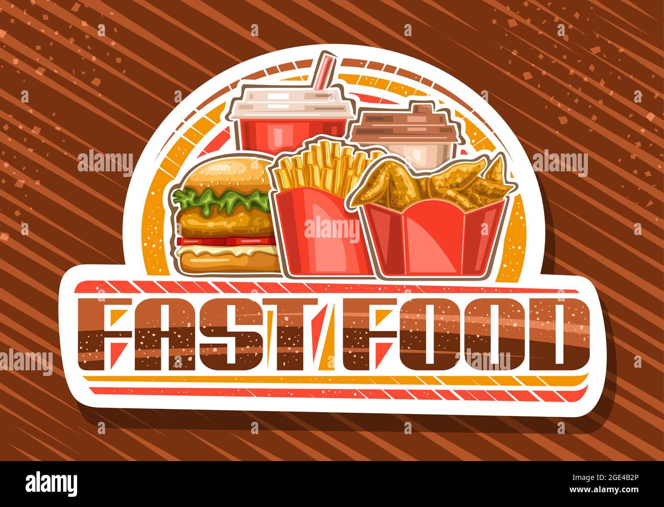 Logo vettoriale per Fast Food, cartellone con cartello bianco per american cafe con illustrazione di pezzi di pollo arrosto in scatola di cartone, frite di pomme, pollo bur Illustrazione Vettoriale