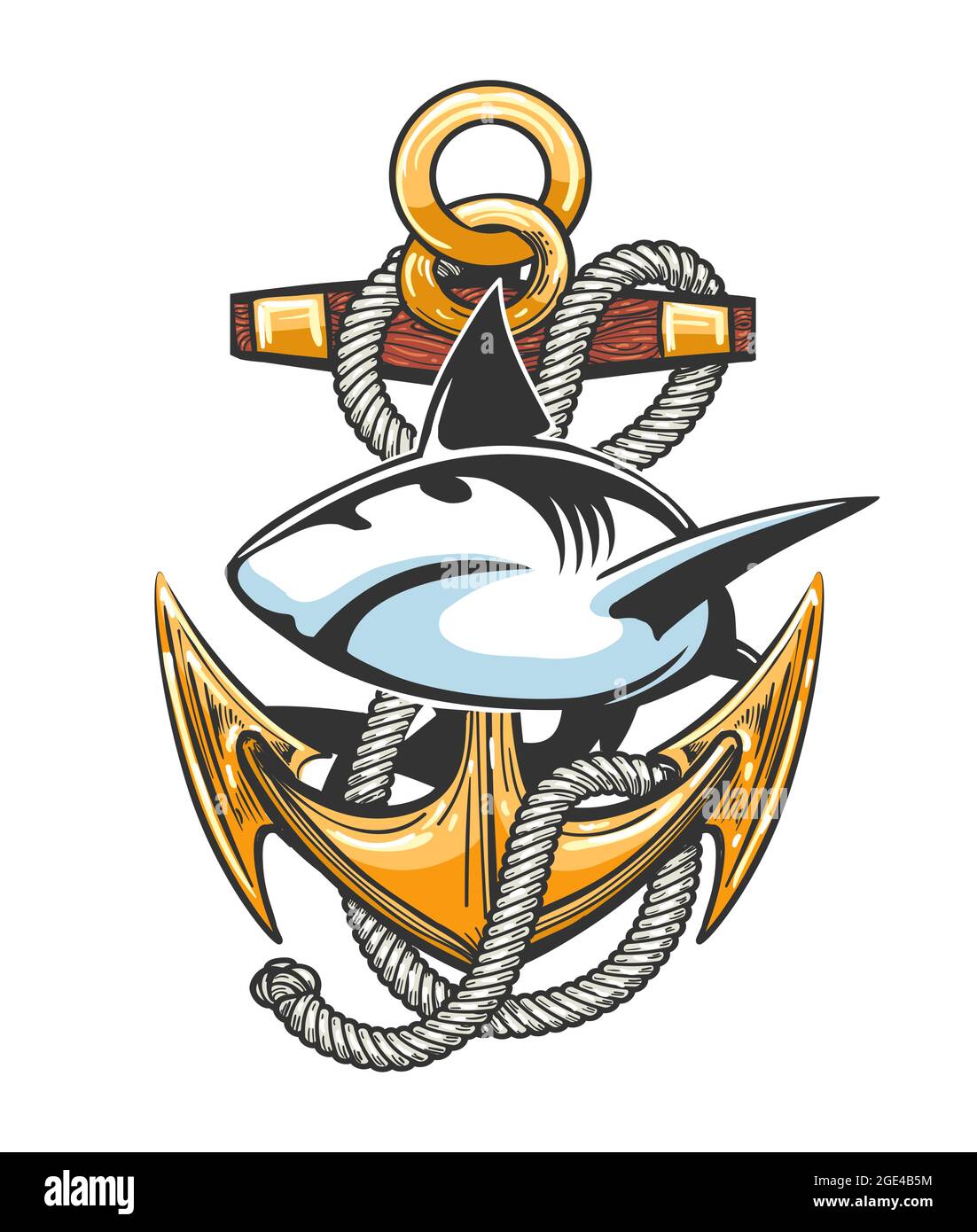 Tatuaggio di ancoraggio della nave con Ropres e Big Shark isolato su bianco. Illustrazione vettoriale. Illustrazione Vettoriale