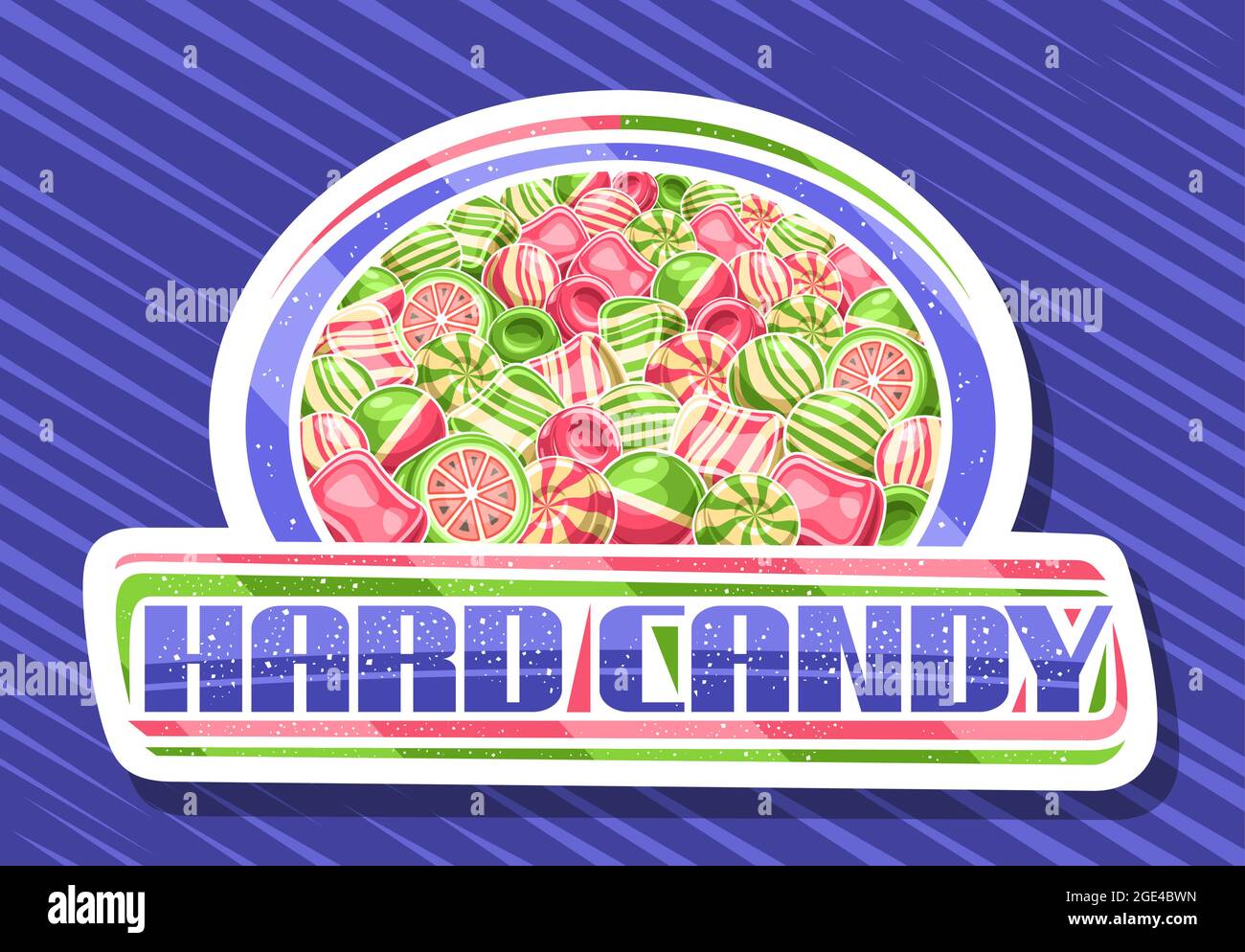 Logo vettoriale per Hard Candy, carta decorativa taglio cartoncino con illustrazione di gobblegums assortiti e strisce caramelle carine, poster con la sola lett Illustrazione Vettoriale