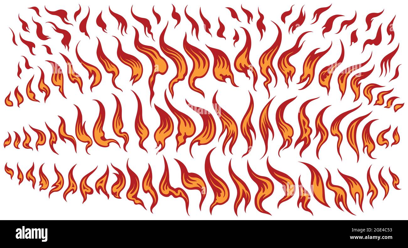 Fiamme. Set di design. Illustrazione disegnata a mano modificabile. Incisione vettoriale. Isolato su sfondo bianco. 8 EPS Illustrazione Vettoriale