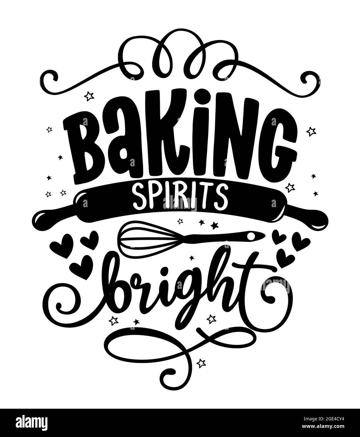 Acquavite di cottura brillante - illustrazione vettoriale disegnata a mano. Poster di decorazione a parete nero con whisker e rolling pin. Buono per, poster, biglietto d'auguri, ba Illustrazione Vettoriale