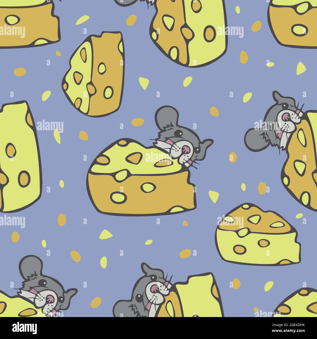 Modello vettoriale senza giunture con topo e formaggio. Il topolino carino sta mangiando il formaggio. Illustrazione Vettoriale