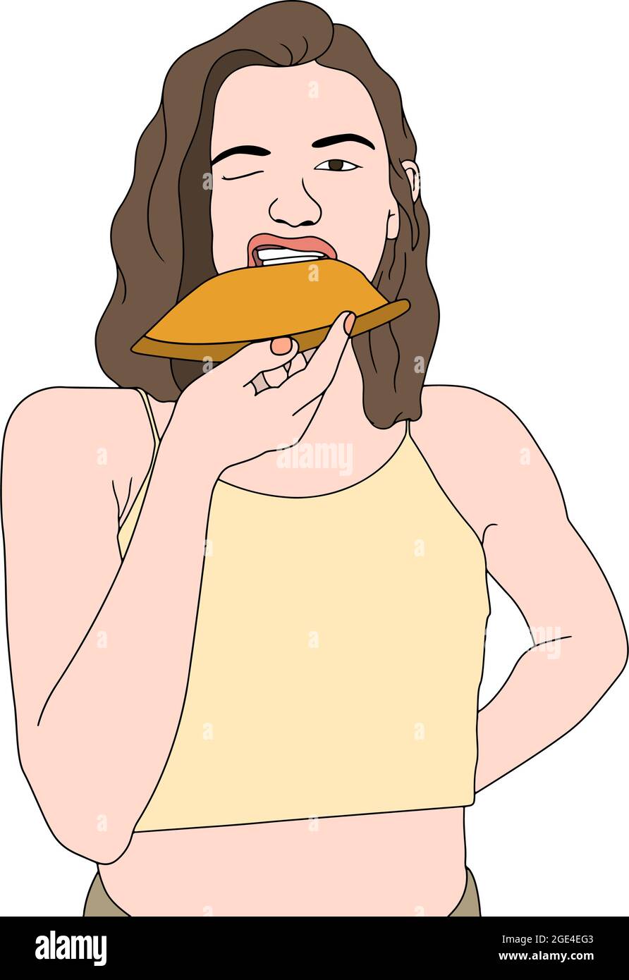 Bella ragazza giovane che mangia la pizza. Illustrazione di caratteri disegnata a mano su sfondo trasparente. Foto Stock