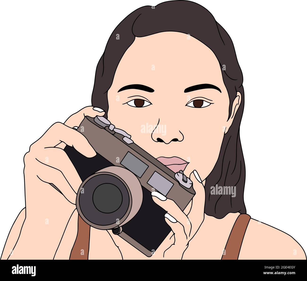 Bella ragazza giovane che tiene la macchina fotografica nelle sue mani. Illustrazione di caratteri disegnati a mano. Foto Stock