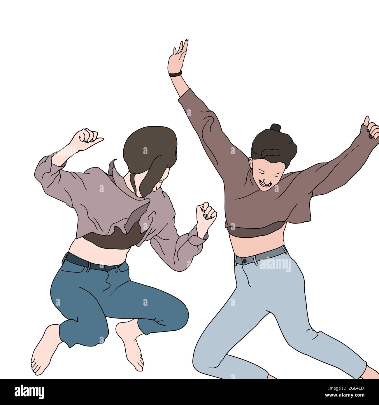 Ragazze giovani che saltano in aria. Illustrazione di personaggi cartoni animati disegnati a mano di amici felici. Foto Stock