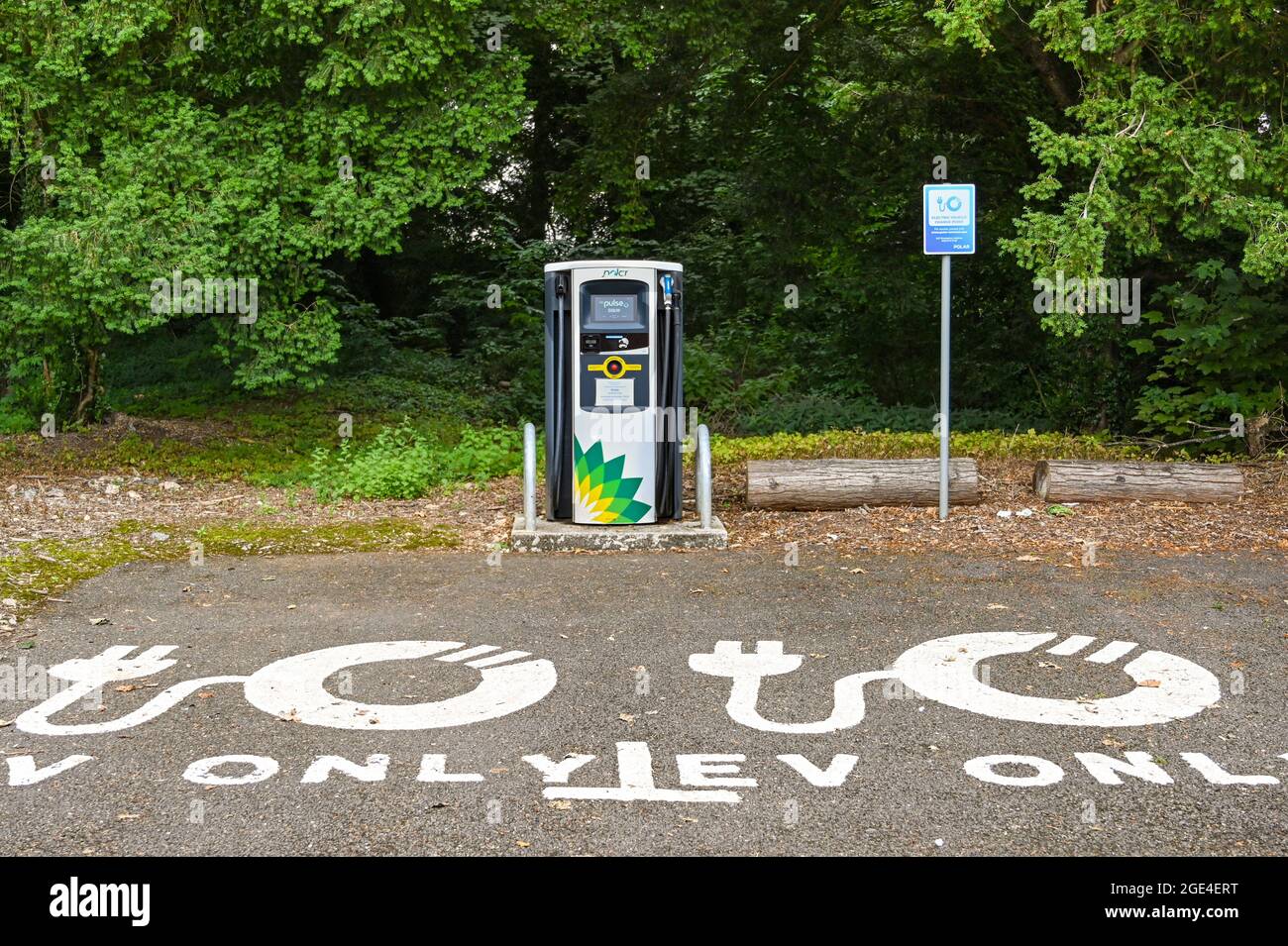 Basingstoke, Inghilterra - Agosto 2021: Stazione di ricarica per auto elettriche di proprietà e gestita da BP Pulse Foto Stock