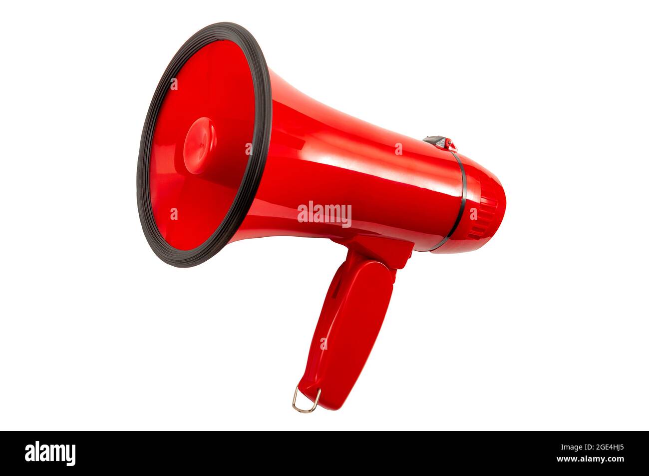 Attenzione, importante trasmissione e comunicazione di annuncio pubblico con altoparlante rosso isolato su sfondo bianco con ritaglio percorso cutou Foto Stock