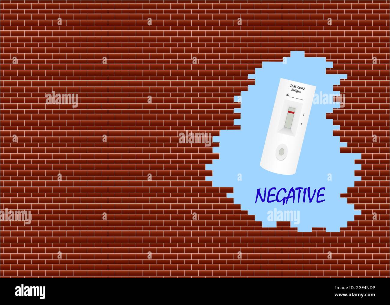 Vettore che mostra il test rapido di covid-19 con risultato negativo in un foro nella parete di mattone. Illustrazione Vettoriale