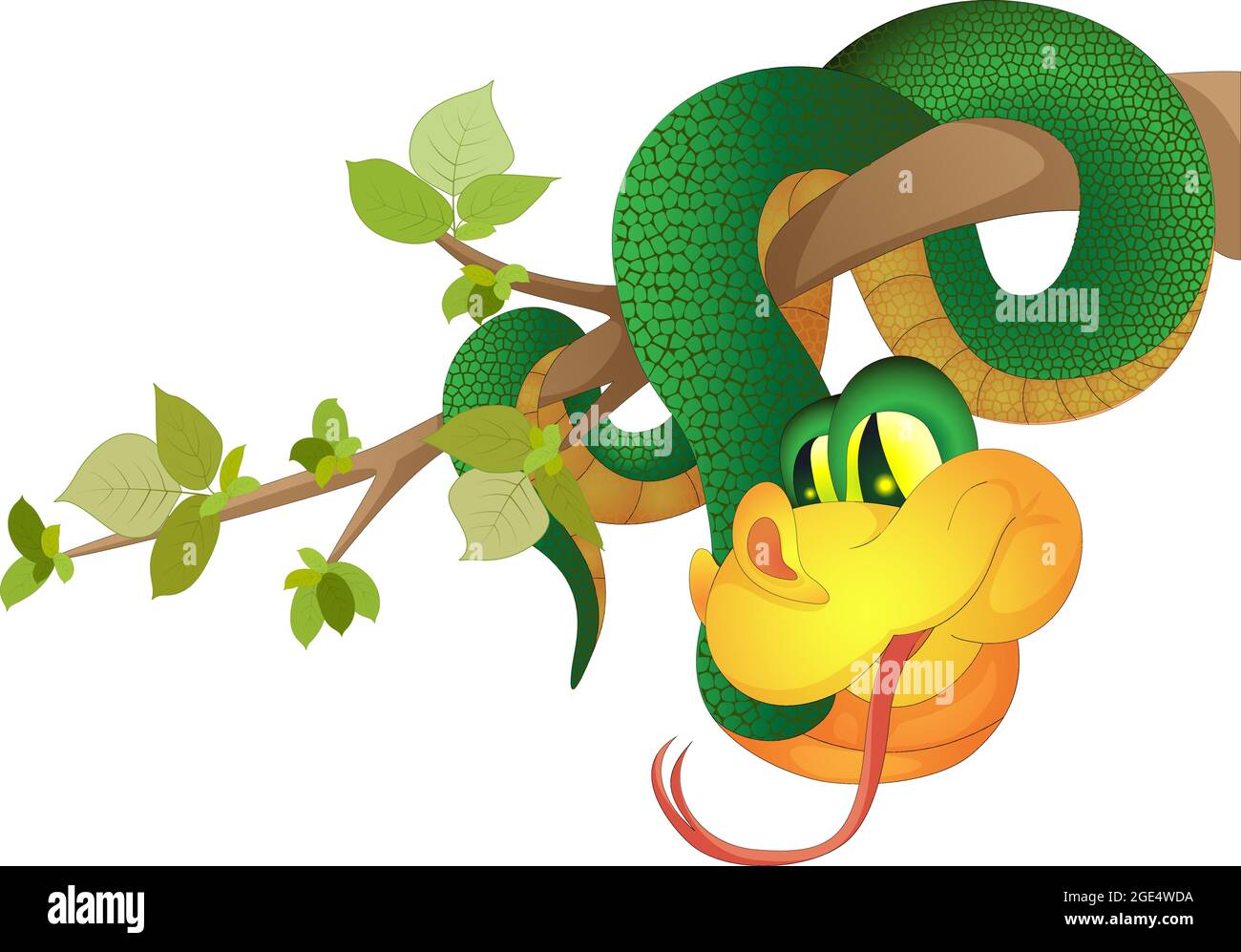 Immagine vettoriale di un serpente verde appeso su un ramo di albero fatto in stile cartone animato, ma con un volume. Illustrazione Vettoriale