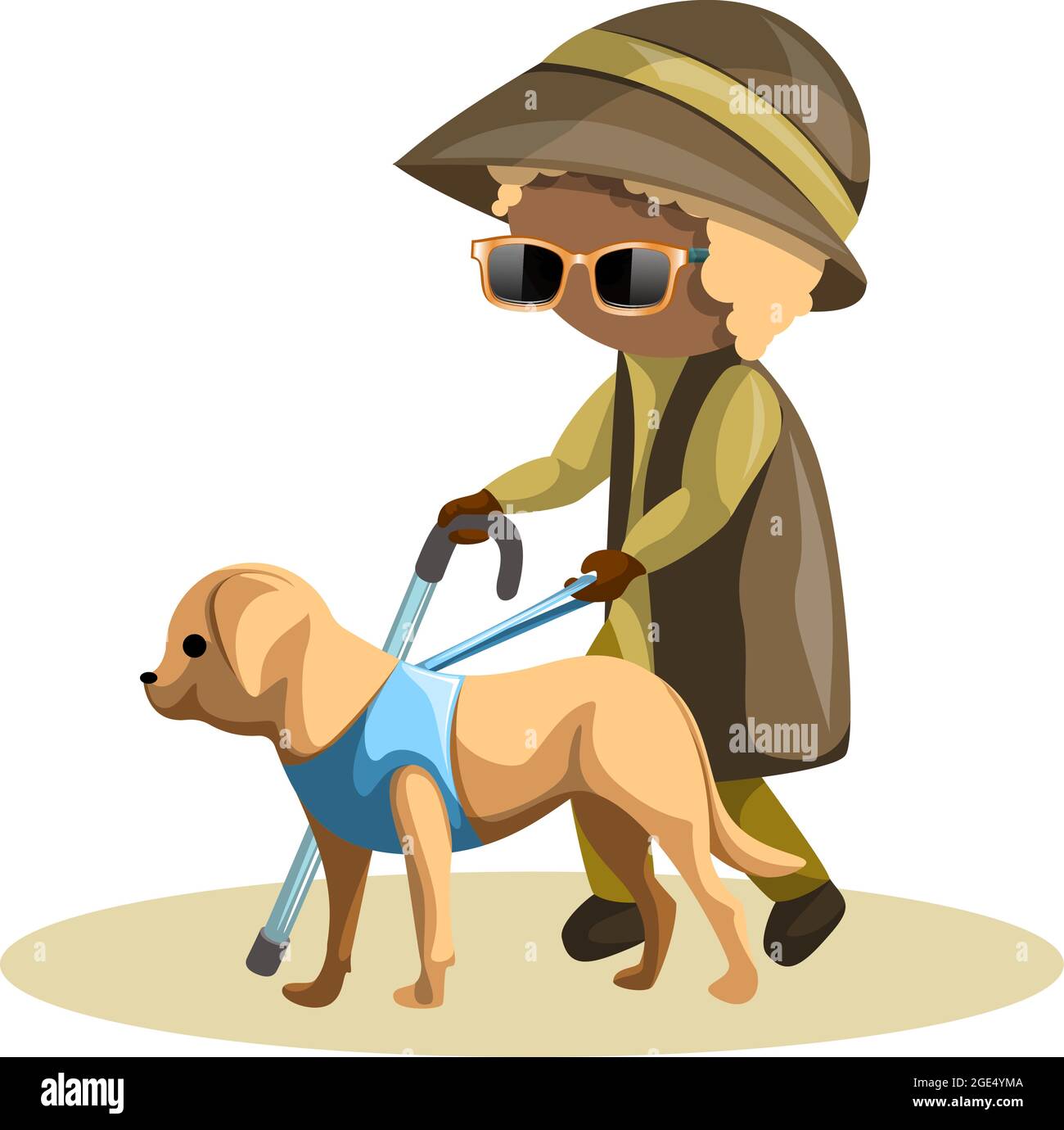 Immagine vettoriale di una nonna cieca con un cane guida al guinzaglio. Stile cartone animato. EPS 10 Illustrazione Vettoriale