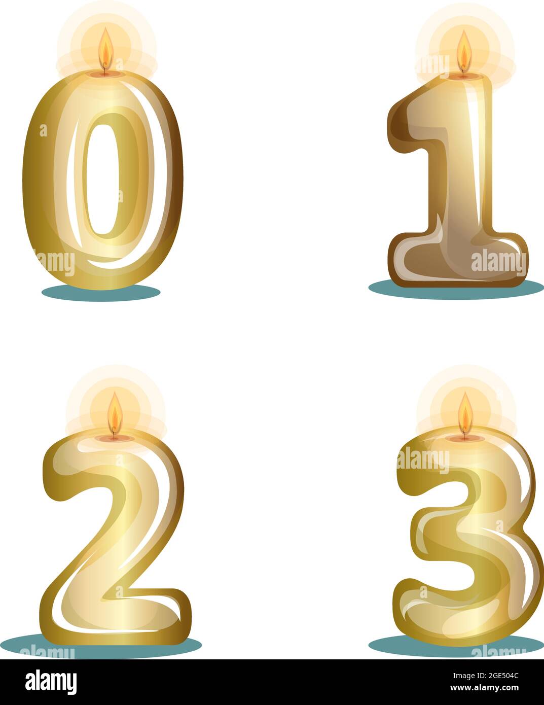 Immagine vettoriale di candele metallizzate in oro sotto forma di numeri su sfondo bianco in stile cartoon Illustrazione Vettoriale