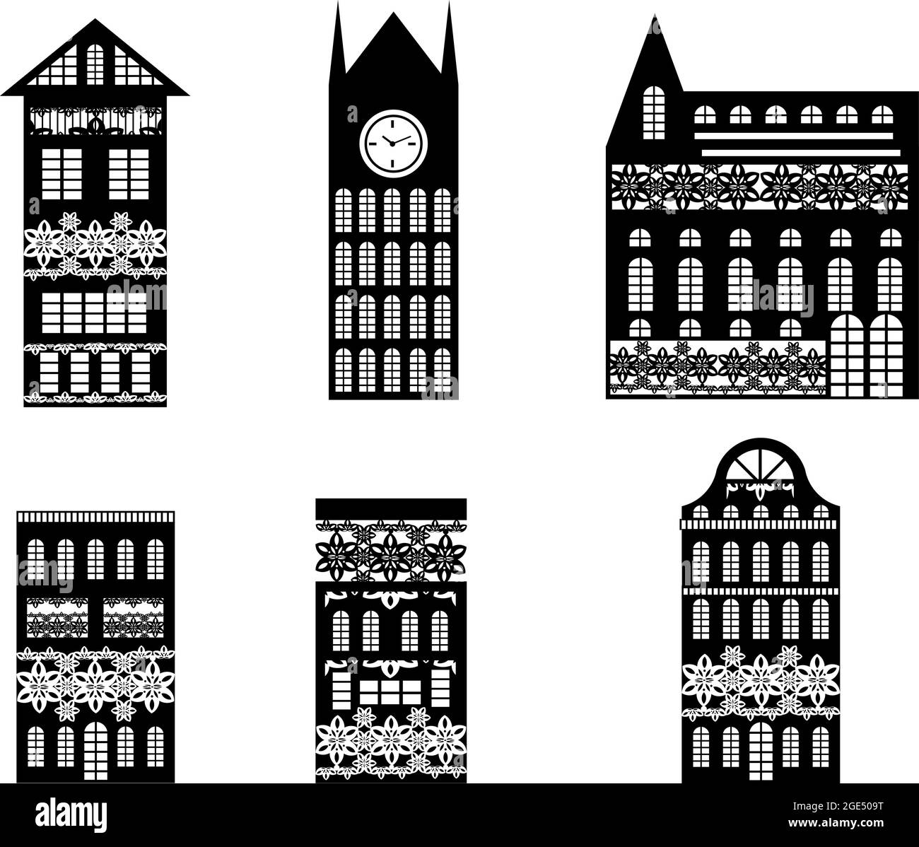 Immagine vettoriale di sagome nere di edifici architettonici. EPS 10 Illustrazione Vettoriale