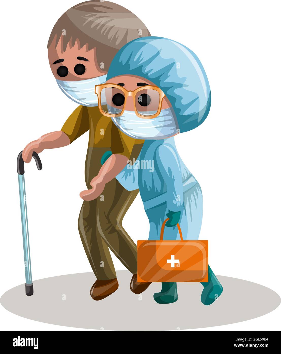 Immagine vettoriale di un uomo di mezza età con un bastone e una medica femminile in uniforme con lui sul braccio. EPS 10. Concetto. Immagine su sfondo bianco Illustrazione Vettoriale