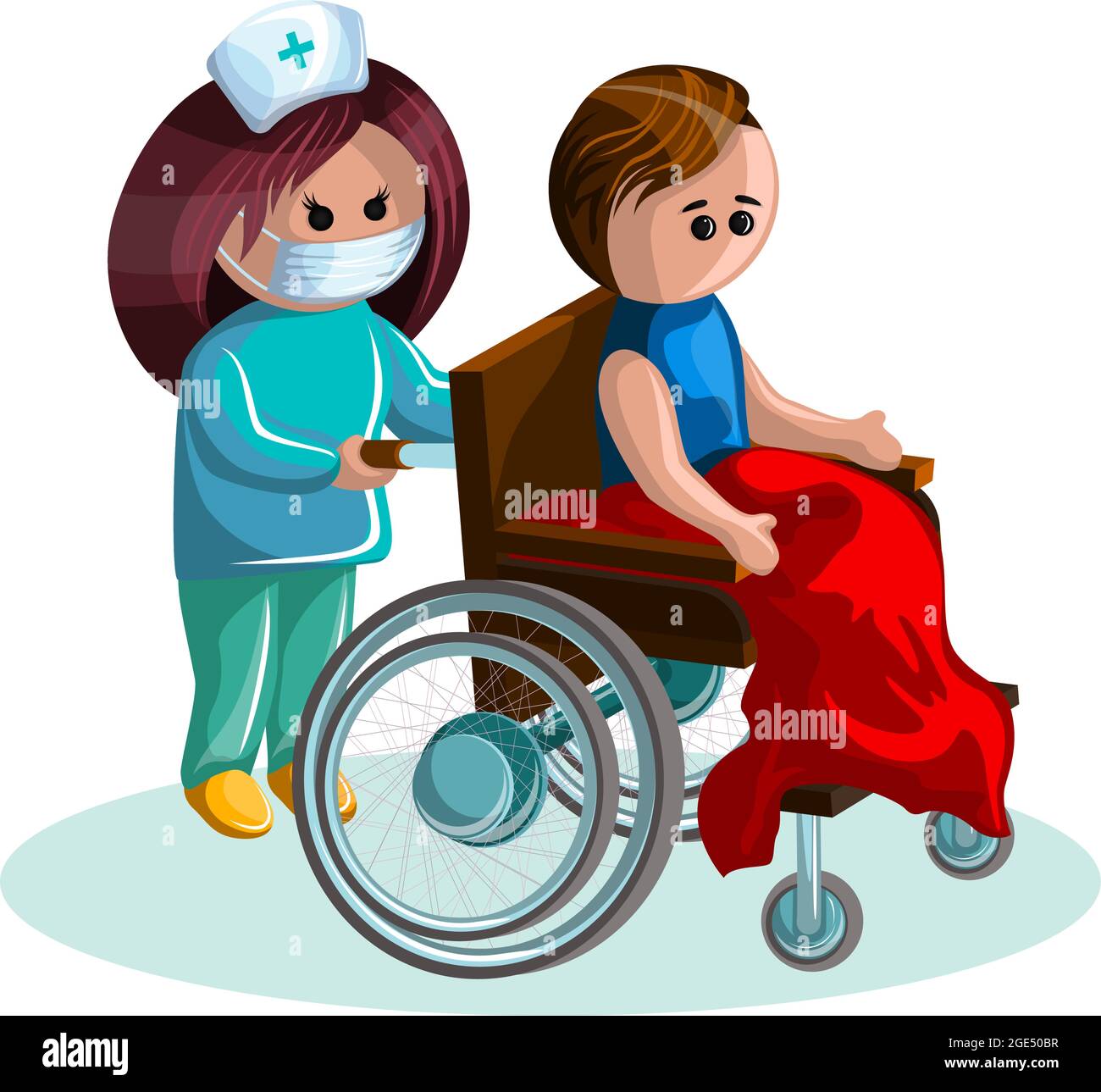 Immagine vettoriale di un giovane su una sedia a rotelle e di una donna che si prende cura di lui. EPS 10. Concetto. Immagine su sfondo bianco Illustrazione Vettoriale