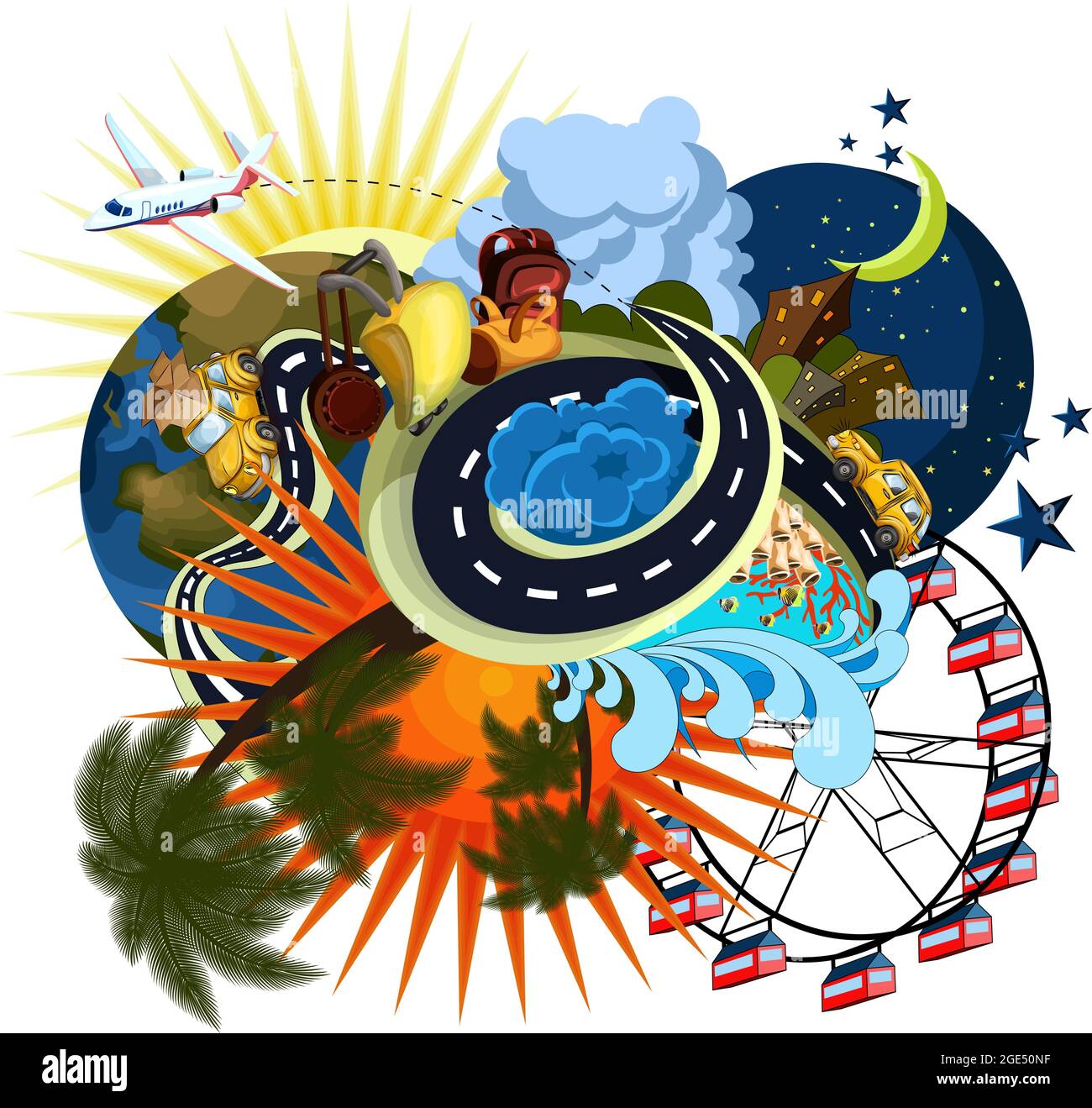 Immagine vettoriale del mondo nella sua diversità e l'interconnessione e l'interazione di oggetti esistenti nel mondo: Trasporti e movimento, viaggi e Illustrazione Vettoriale