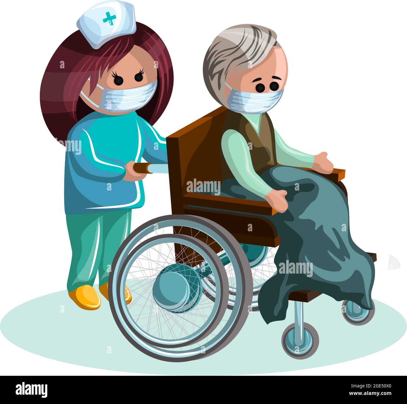 Immagine vettoriale di un uomo di mezza età in sedia a rotelle e di una donna che si prende cura di lui. EPS 10. Concetto. Immagine su sfondo bianco Illustrazione Vettoriale