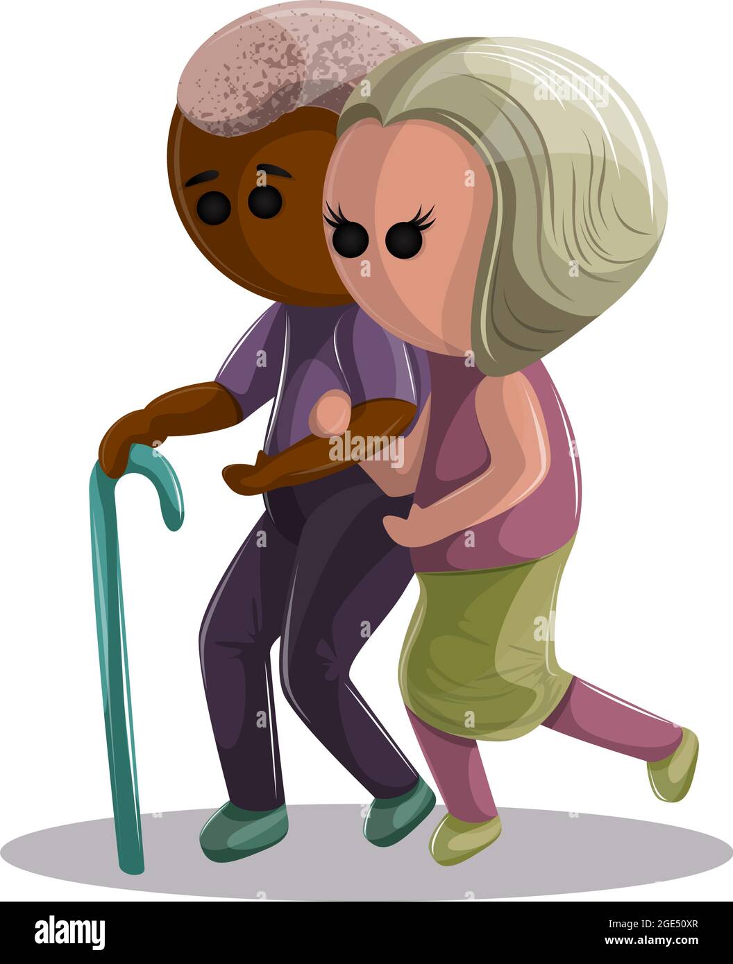 Immagine vettoriale di una coppia anziana con disabilità. Un nonno dalla pelle scura con un bastone e una donna al braccio. EPS 10. Concetto. Immagine su bianco b Illustrazione Vettoriale