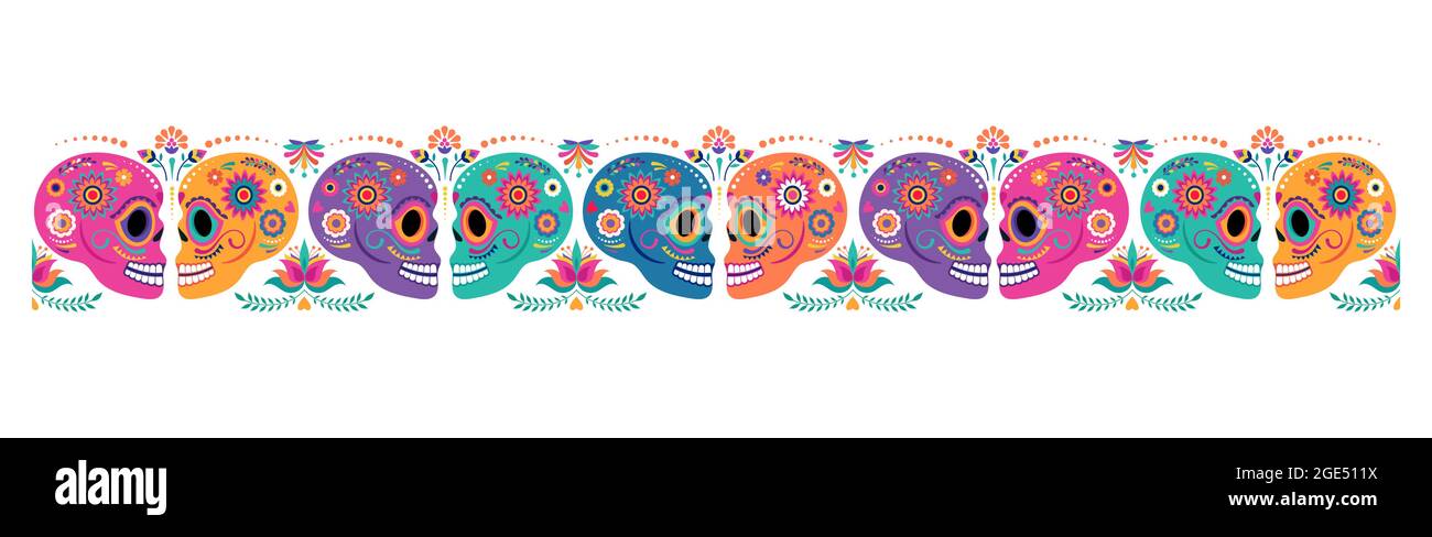 Giorno della morte, dia de los muertos, banner con fiori messicani colorati. Fiesta, poster delle vacanze di Halloween, volantino delle feste, biglietto d'auguri divertente Illustrazione Vettoriale