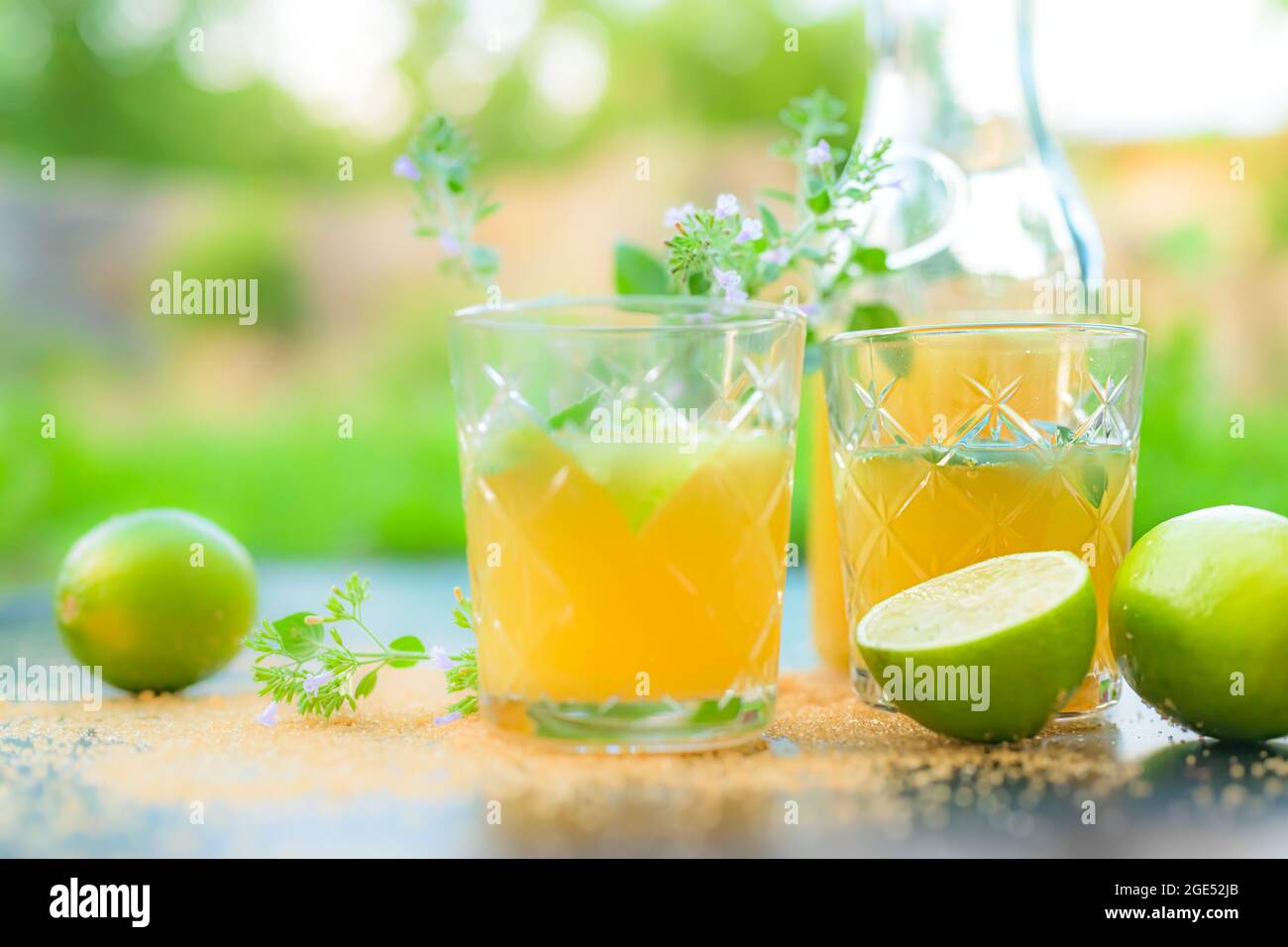 Cocktail mojito nella parte anteriore del naturale sfocata sfondo verde Foto Stock