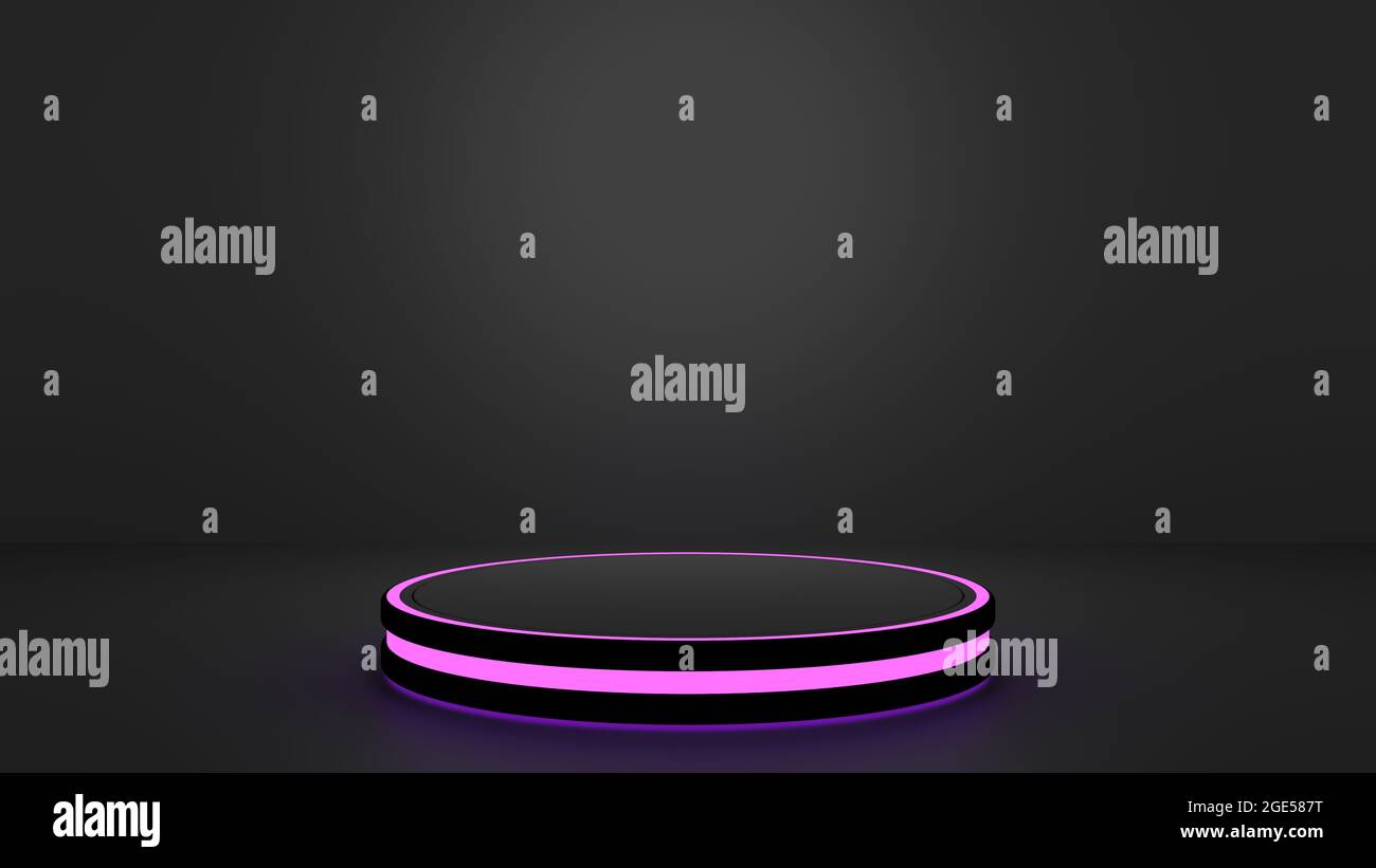 Pod nero rotondo con luci viola o viola su sfondo nero. Ideale per prodotti per videogiochi, videogamer o prodotti tecnologici. Foto Stock