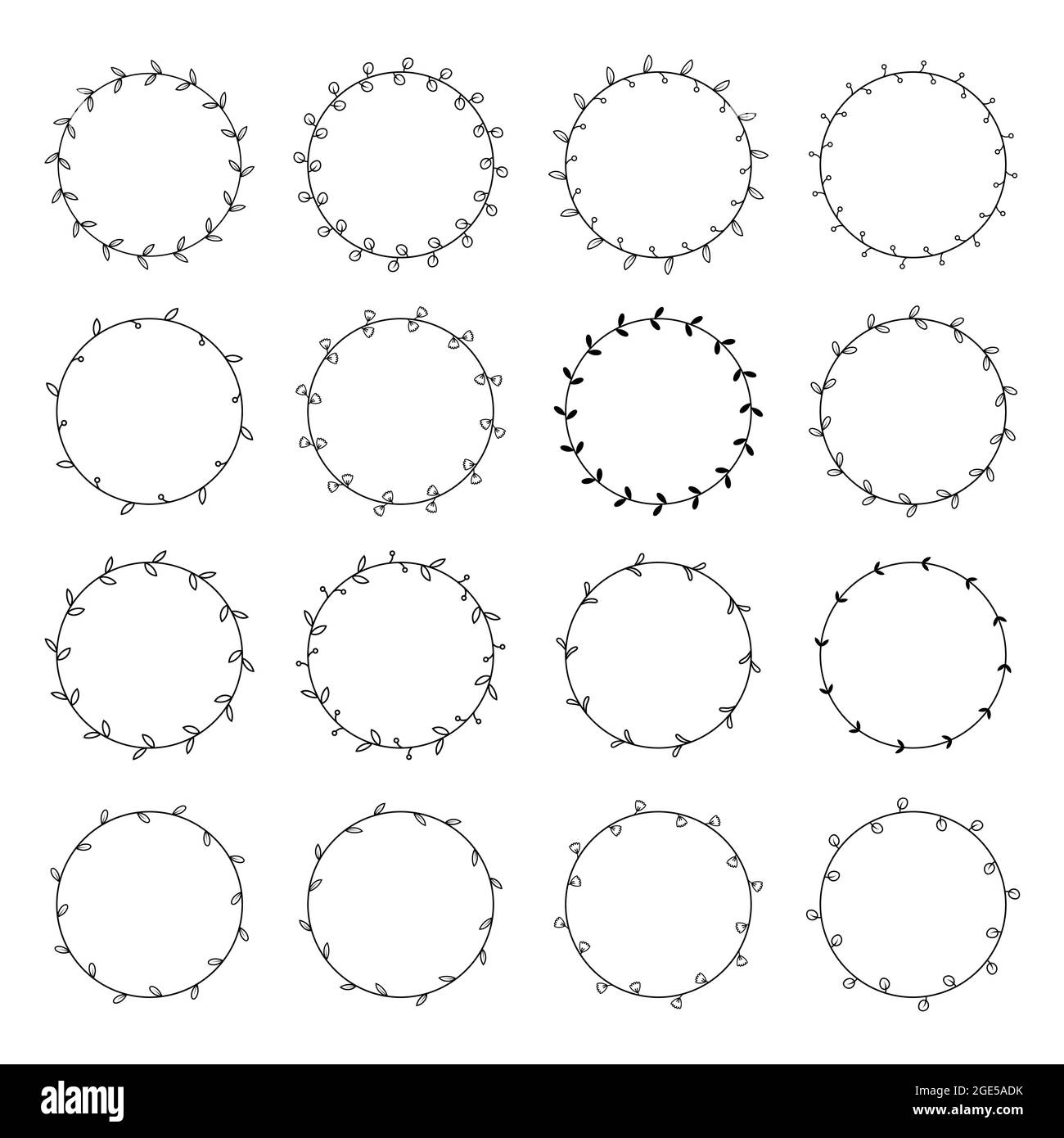 Corona floreale con foglie cornici rotonde disegnate a mano. Wreath di nozze foglie decorative elementi vintage. Illustrazione Vettoriale