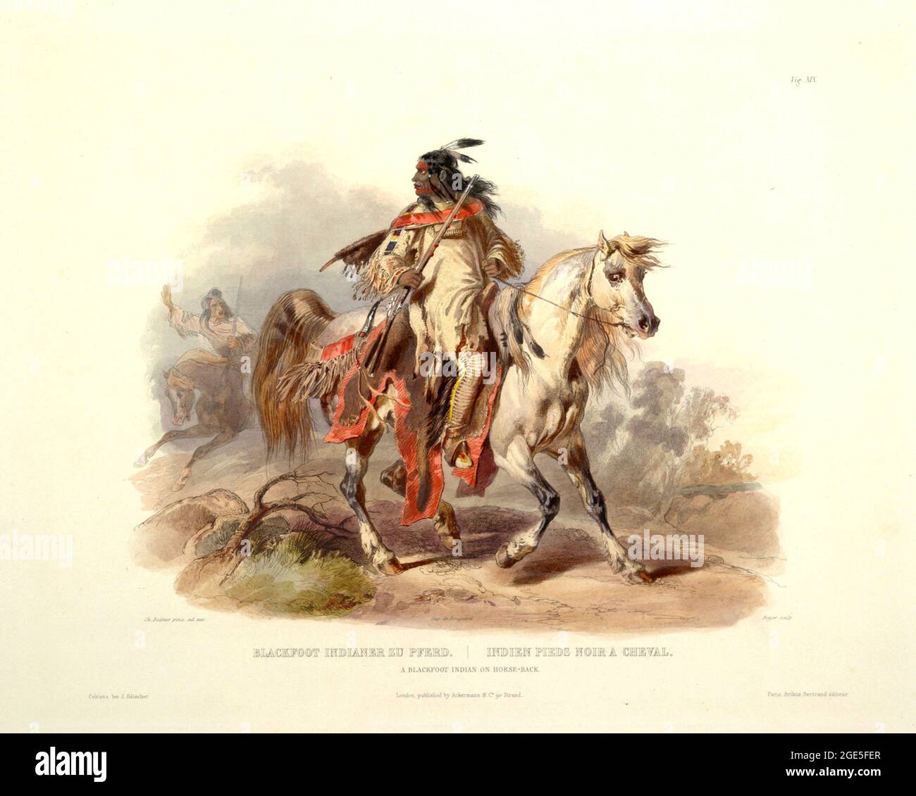 Karl Bodmer - Viaggi in America - Blackfoot indiano a cavallo Foto Stock