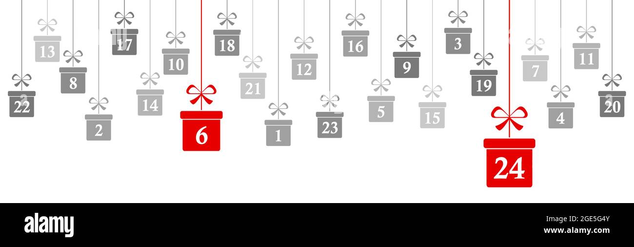 appendere regali di natale colorato grigio con i numeri da 1 a 24 mostrare il calendario dell'avvento per i concetti di natale e inverno panorama stile Illustrazione Vettoriale
