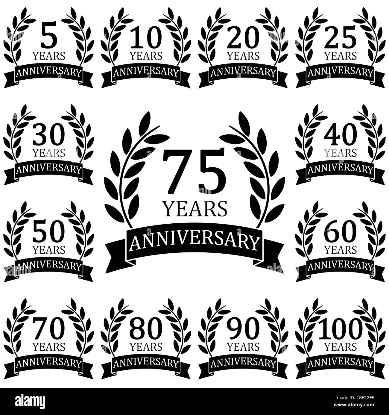 file vettoriale eps con collezione di corona nera su sfondo bianco per il successo o il giubileo deciso con testo da 5 a 100 anni Illustrazione Vettoriale