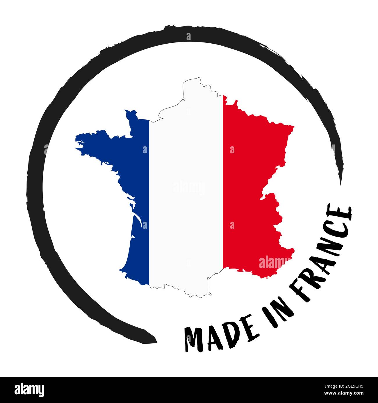 file vettoriale eps con timbro commerciale, toppa rotonda ' Made in France ' con silhouette di francia e colori nazionali Illustrazione Vettoriale