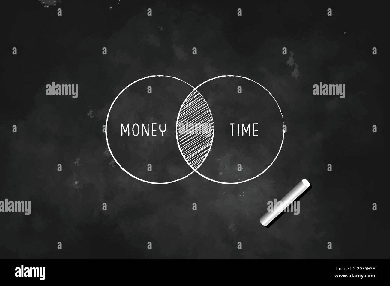 Diagramma Venn del bilancio di tempo e di denaro con gesso sull'illustrazione del disegno del logo dell'icona della lavagna nera Illustrazione Vettoriale