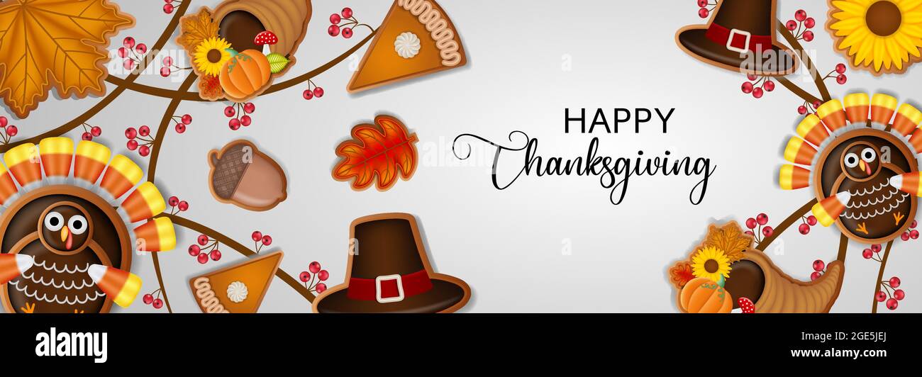 Buon banner di ringraziamento con biscotti al pan di zenzero Illustrazione Vettoriale