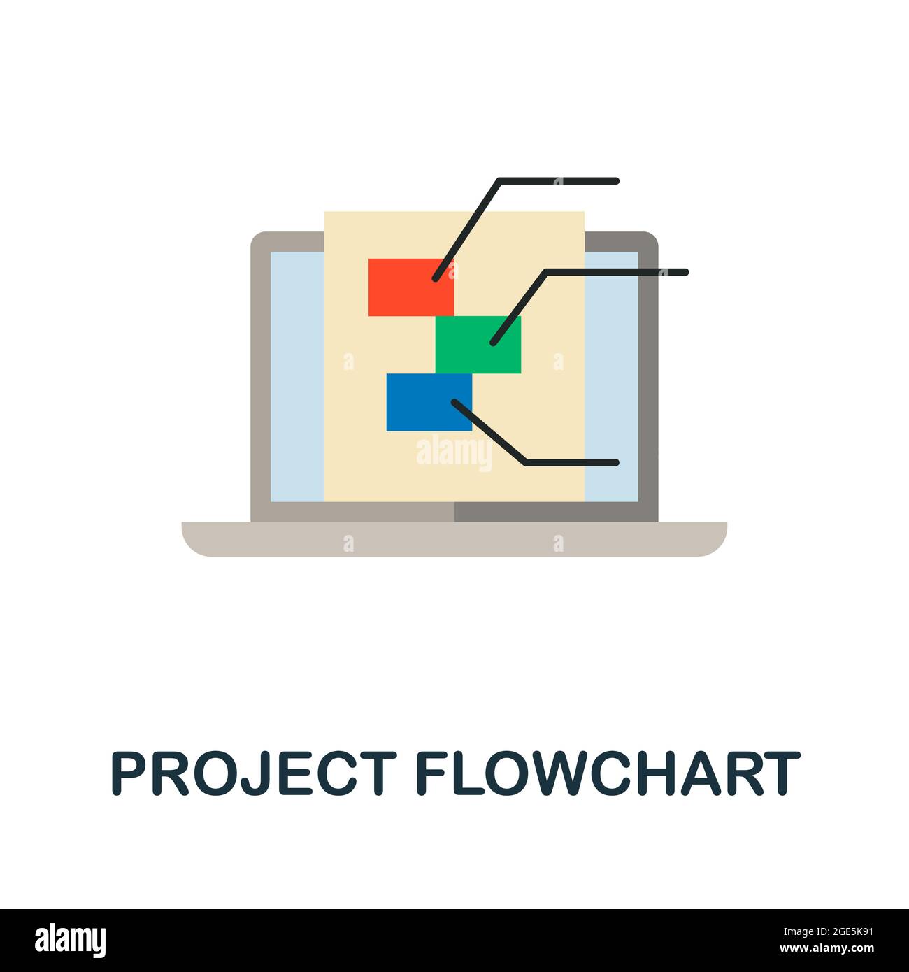 Icona piatta del diagramma di flusso del progetto. Segno colorato della collezione di pensiero del design. Illustrazione dell'icona del diagramma di flusso del progetto creativo per il web design, l'infografica Illustrazione Vettoriale