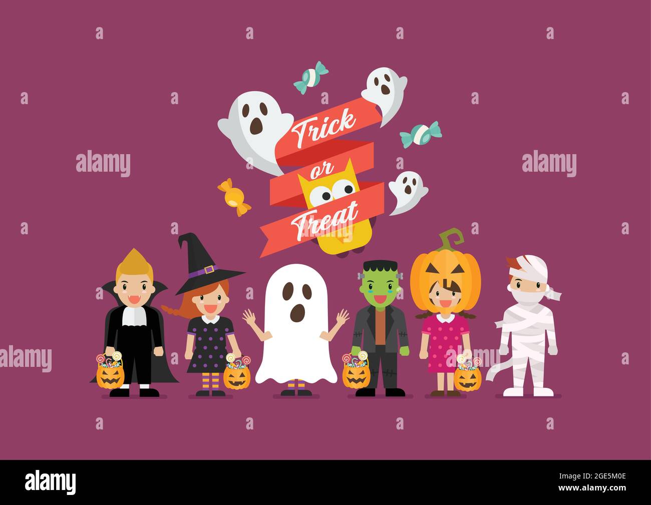 Halloween party bambini in costumi diversi spaventosi. Collezione di cartoni animati bambini in costumi di carnevale. Illustrazione vettoriale Illustrazione Vettoriale