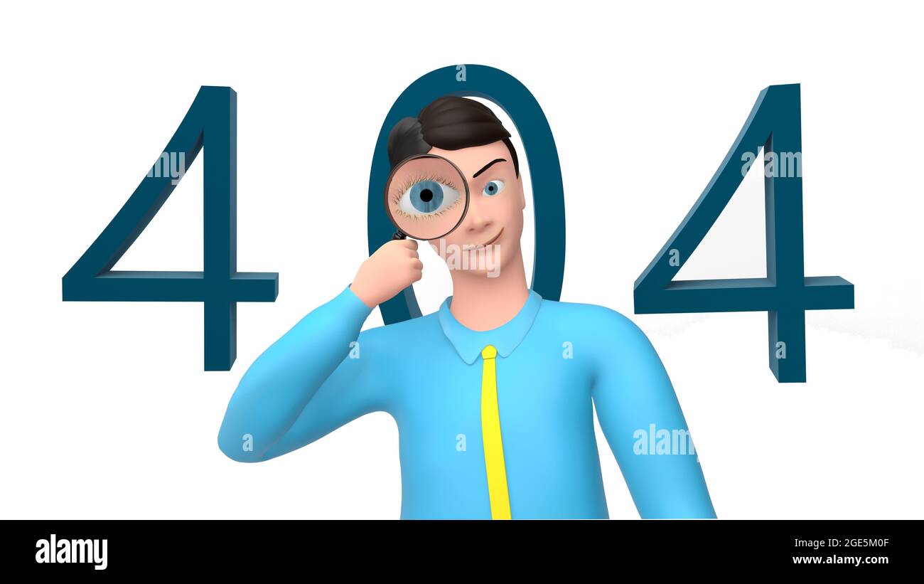 Il carattere dell'uomo d'affari guarda attraverso una lente d'ingrandimento. Immagine di una pagina con un errore 404. Rendering 3D. Foto Stock