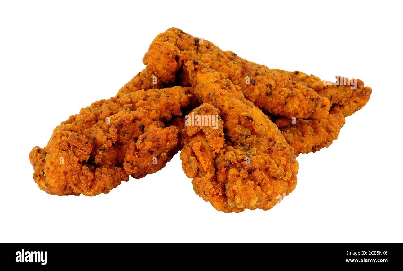 Filetti di pollo ricoperti di pangrattato piccante e fritti isolati su sfondo bianco Foto Stock